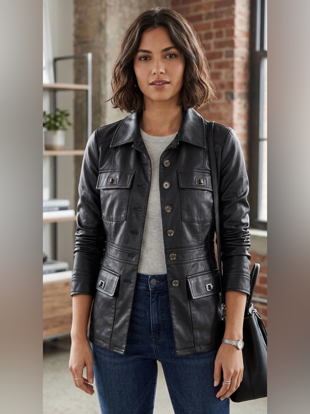 WHBM White House Black Market Coated Black Utility Safari Jacket - XS